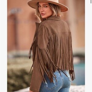 Women's Fringe Faux Suede Leather Cropped Jacket Tassel Western Brown Small Med